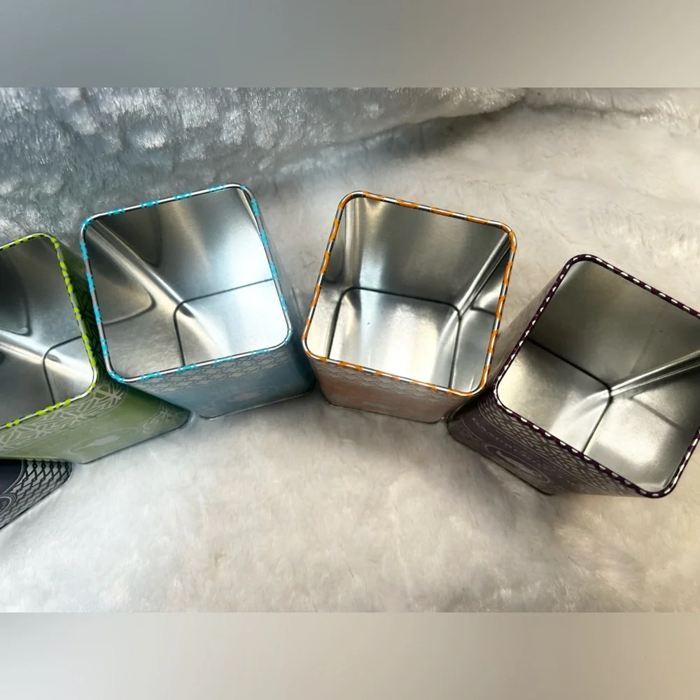 (6) EMPTY METAL TIN TEA BAG CONTAINERS VASES PEN HOLDERS ORGANIZERS NO LIDS